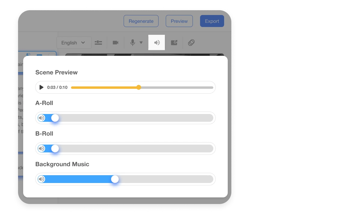 Add music to video with scene-by-scene audio control, allowing fine-tuning of voiceovers, music, and b-roll for clear content delivery.